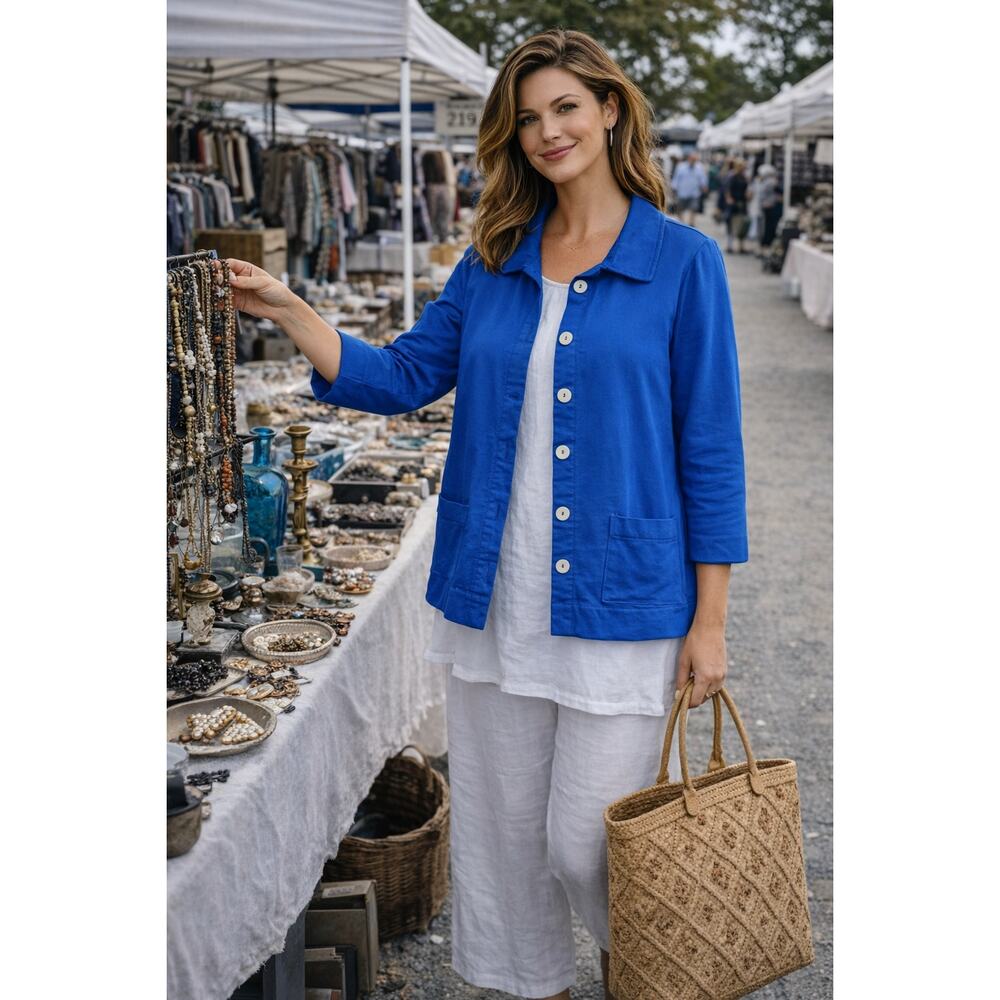NWT Fresh Produce Blue Collared Cardigan Jacket Pockets Women’s Size Large